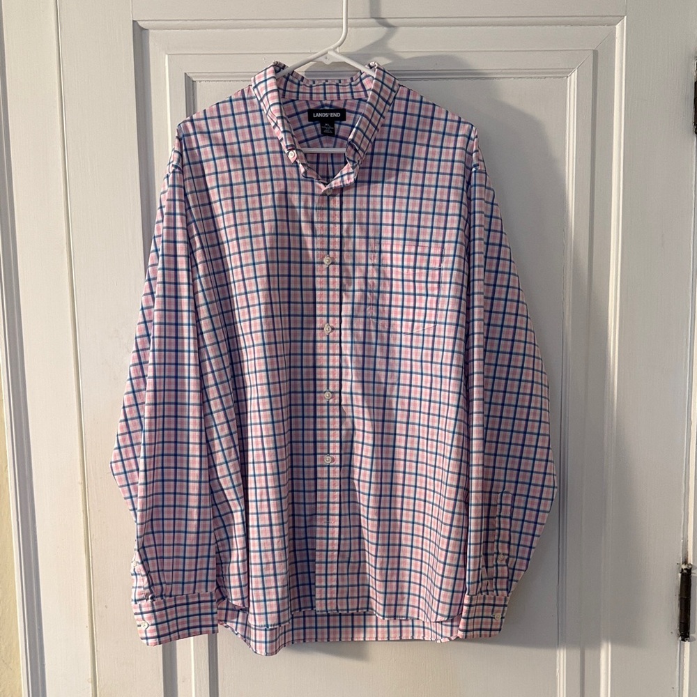 Lands' End Men's Casual Pink and Blue Plaid Shirt